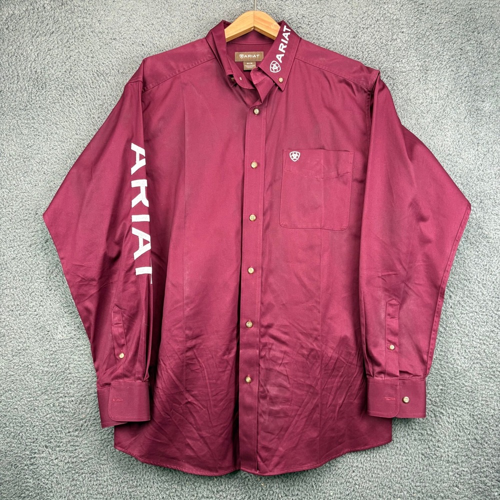 Ariat Mens Maroon Logo Embroidered Button Down Western Shirt Medium Long Sleeve